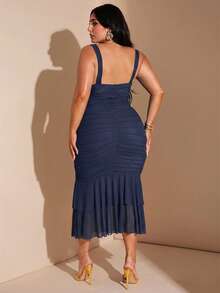 SHEIN BAE Plus Size Women's Spring/Summer V-Neck Ruched Ruffle Mid-Length Fitted Dress, Vacation Party Cocktail Dress Navy Blue - Navy Blue - View 6