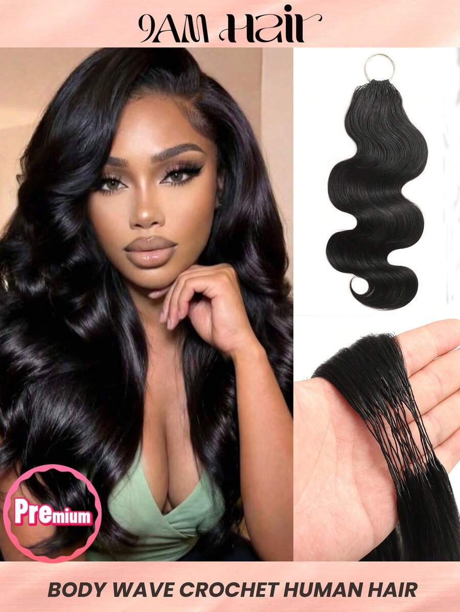 Boho Braids Body Wave Curly Feather Crochet Human Hair Pre-Separated Invisible Miracle Knots Reusable Bulk Human Hair With String Natural Black Crochet Hair Extensions - SNatural - View 1
