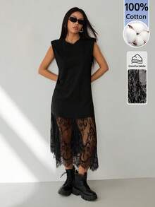 SHEIN PETITE 女款黑色時尚蕾絲拼接無袖長洋裝，夏季休閒純色柔軟洋裝，適合夜生活、度假、通勤，適合嬌小女性 - 黑色 - 查看 6