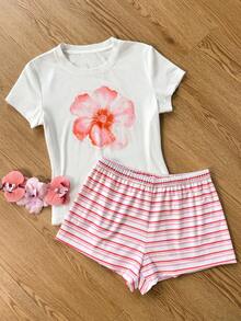 INAWLY Damen Blumen-Muster Kurzarm Top und gestreifte Shorts Lässig 2-teiliges Set - Verschiedenfarbig - Übersicht 2
