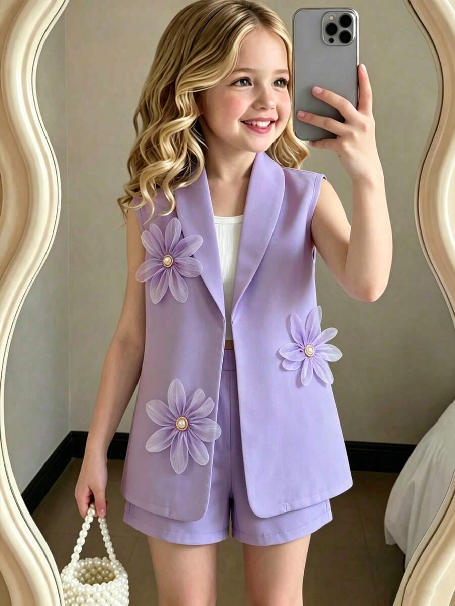 SHEIN Elladie kids 少女紫色西裝外套、細肩帶針織上衣、短褲夏季套裝,上衣搭配同款碎花,休閒度假優雅套裝 - 紫色 - 查看 1