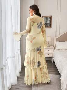Modelyn Abito lungo da donna taglie forti in rete con maniche lunghe, stampa, aderente, elegante e casual per il pendolarismo - Giallo chiaro - Visualizzare 2
