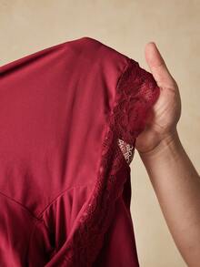 HautHeat Women's Solid Color Lace Patchwork Off-Shoulder Loungewear Jumpsuit - Burgundy - View 8