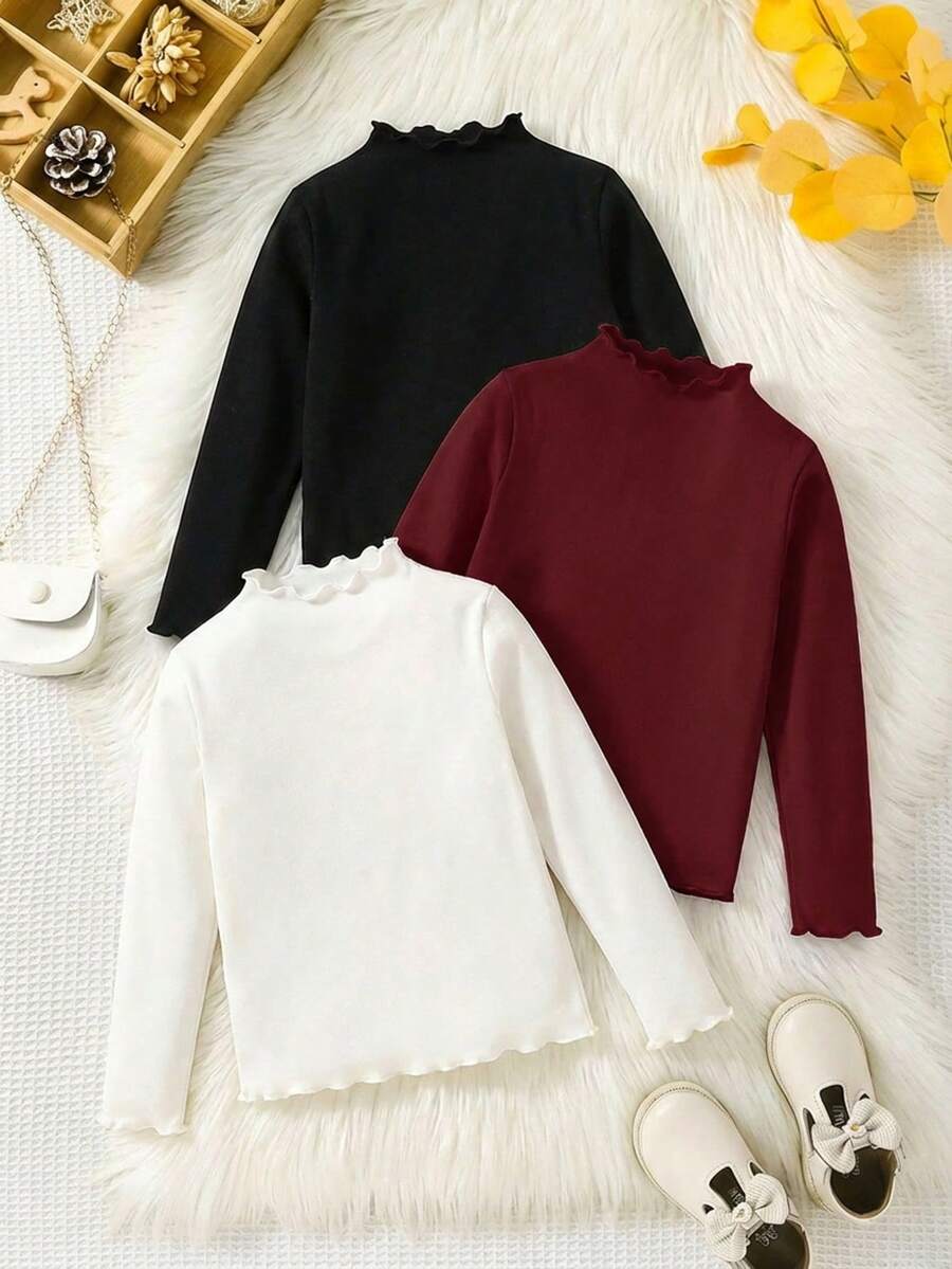SHEIN 少女款休閒簡約舒適高領三件組長袖T恤套裝 - 彩色 - 查看 1