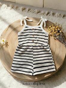 Cozy Pixies Baby Girl Toddler Girl Contrast Color Striped Pattern Knit Soft Suspender Romper Shorts - Black and White - View 1