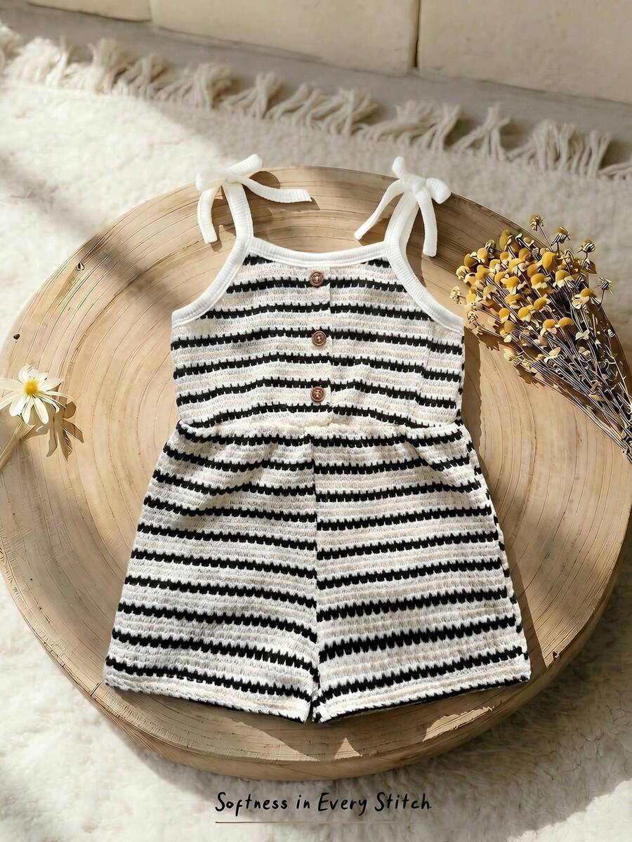 Cozy Pixies Baby Girl Toddler Girl Contrast Color Striped Pattern Knit Soft Suspender Romper Shorts - Black and White - View 1