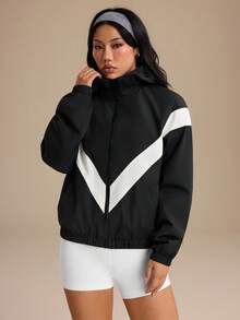 SHEIN Unity 女款拼色連帽拉鍊休閒百搭日常旅行運動外套 - 黑色 - 查看 5