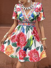 Selianne Vacation Bohemian Tropical Large Floral Print Ruffle Sleeve Women's Short Dress Beach White Summer - Multicolor - View 1