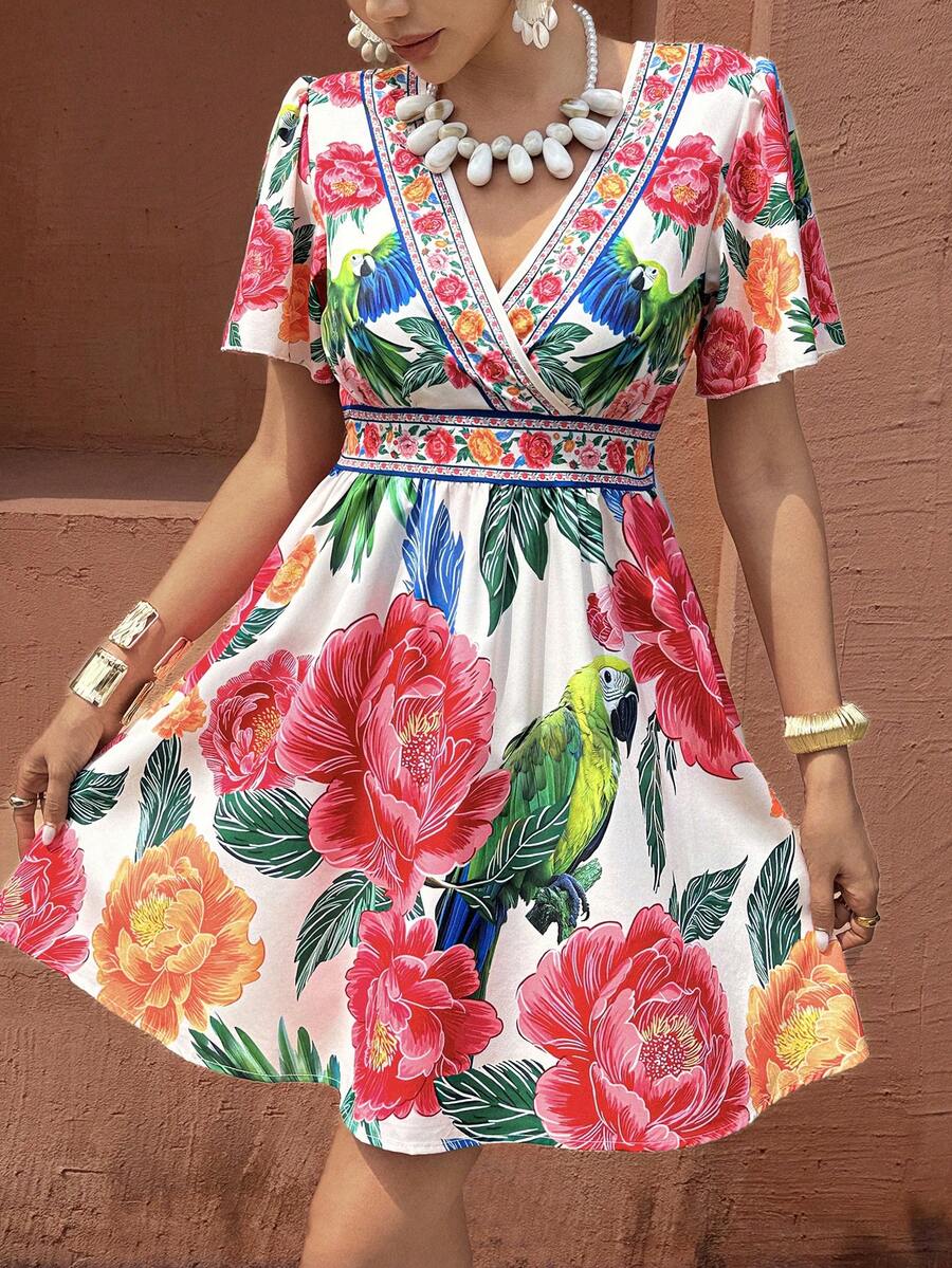 Selianne Vacation Bohemian Tropical Large Floral Print Ruffle Sleeve Women's Short Dress Beach White Summer - Multicolor - View 1
