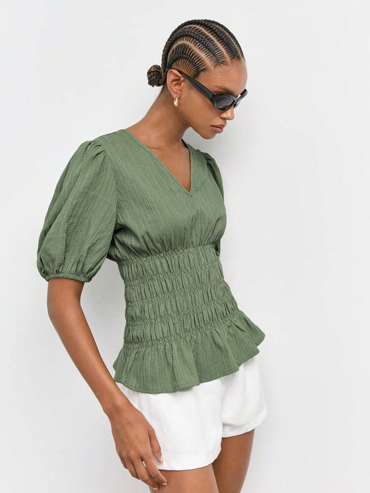 SHEIN Maija Green Shirred Women's Blouse, Summer Lantern Sleeve, Shirred Waist, Ruffle Hem, Textured