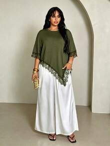 Rustia Plus Size Summer Casual Lace Patchwork Asymmetric Hem T-Shirt - Army Green - View 6