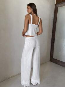 Aloruh Bohemian Jacquard Knit Casual & Romantic Homewear, Ruffle Trim Knit Casual Women Pajama Set - White - View 11