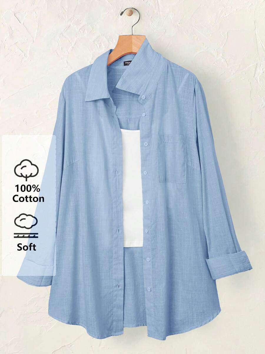 SHEIN CURVE+ Curve 尺码 US22 音乐节、海滨度假、波西米亚风女士长袖休闲条纹衬衫,春夏女装 - 藍白色 - 查看 1
