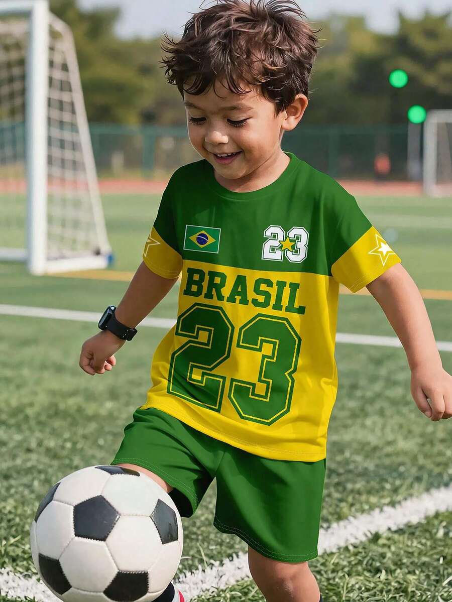 Young Boy Casual Simple T-Shirt Set, Classic Sports Style Graphic Print, Brazil Color Block Graphic Print, Brazil Flag Graphic Print, Classic Number 23 Text Graphic Print, Classic Cool Star Graphic Print, Suitable For Sports, Suitable For Spring And Summer - Multicolor - View 1