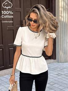 SHEIN PariChic Women's Spring/Summer Cream White Backless Bow Blouse, Contrast Color Wavy Edge Cropped Top Shirt - Apricot - View 4