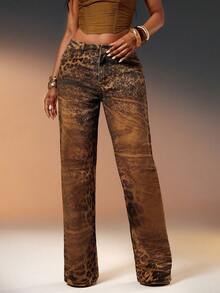 Denimoi Leopard Zebra Mixed Print Fashion Jeans Statement Denim Fashionable Streetwear Straight Leg, Concert Bottom - Brown - View 4