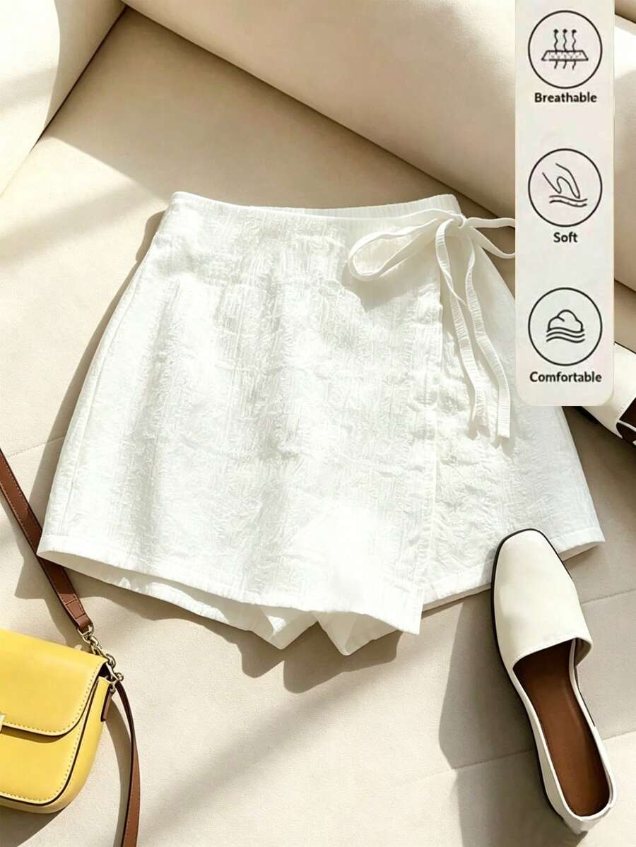 Franclia Spring/Summer New High-End Pure White Elastic Waist Elegant Sophisticated Sexy Women's Shorts, Women's Spring/Summer Shorts, Women's Vacation Bottoms, Spring Clothing, Summer Outfit, Vacation, Outing, Y2K, Spring, Summer, Back To School, Casual, Beach, Business, Versatile, Women's White Shorts, Sexy, Beach Vacation - White - View 1