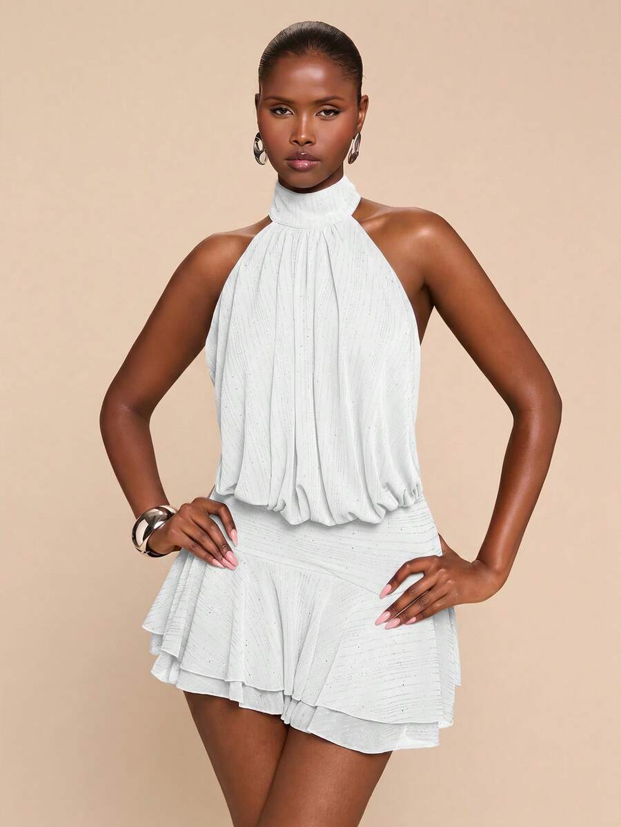 SHEIN BAE فستان قصير للنساء برقبة معلقة وحافة مكشكشة باللون الأرجواني الأحمر، فستان أرجواني أحمر للربيع/الصيف - أبيض - مشاهدة 1