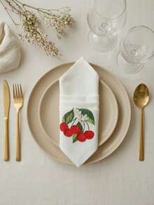 Cirelle 1/2/4pcs Cherry Embroidered Cotton Napkins, Cute Fruit & Floral Cloth Napkin, Reusable & Washable Dinner Napkins For Kitchen, Party, Wedding, Home Table Decor - Multicolor - View 4