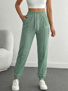 EURMUSE Pantalones deportivos con bordado de letra de cintura con cordón - Verde Oliva - Ver 1