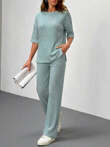 SHEIN Cottnline Camiseta de hombros caídos con pantalones - Verde Oliva - Ver 3