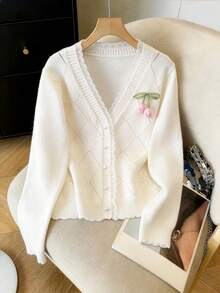 GlowEve CURVE Plus Size Elegant Hollow Diamond Pattern Lace V-Neck Long Sleeve Cardigan - Beige - View 1
