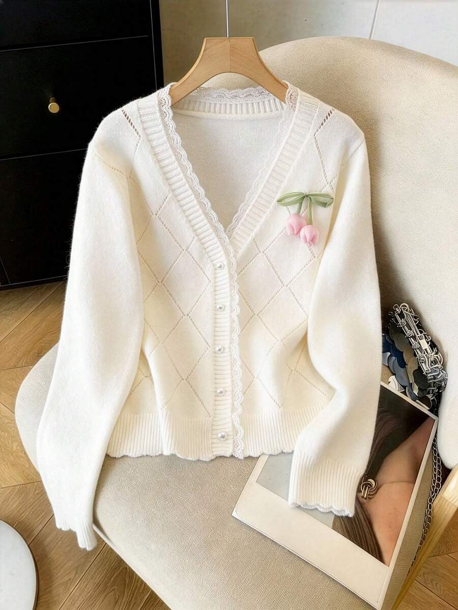 GlowEve CURVE Plus Size Elegant Hollow Diamond Pattern Lace V-Neck Long Sleeve Cardigan - Beige - View 1