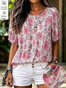 Linhara Plus Size Women's Spring/Summer Textured Fabric Beige Round Neck Short Sleeve Hollow Lace Trim Elegant Home Casual Vacation Blouse Top - Pink - View 6