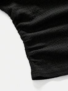 SHEIN Tween Girl New Autumn Back To School Season 2pcs Set Solid Black Textured Knit Side Ruched Lapel Fitted Short Sleeve T-Shirt Wide Leg Long Pants 2 Pieces Outfit - Black - View 5