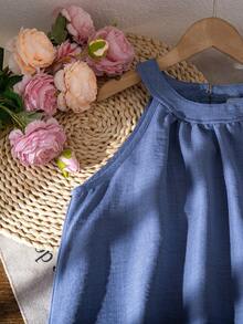 SHEIN Set Atasan Halter dan Celana Panjang Warna Polos Desain Berongga untuk Anak Perempuan Remaja, Liburan Musim Panas Warna Biru Aqua, Gaya Tomboy Tropis - Biru - View 6