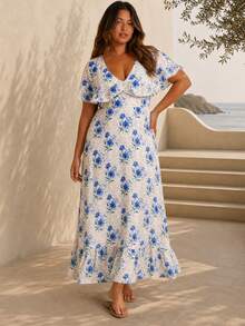 ELLERISSA Abito midi con scollo a V, balze e volant, a fiori blu, taglie comode - Blu - Visualizzare 1