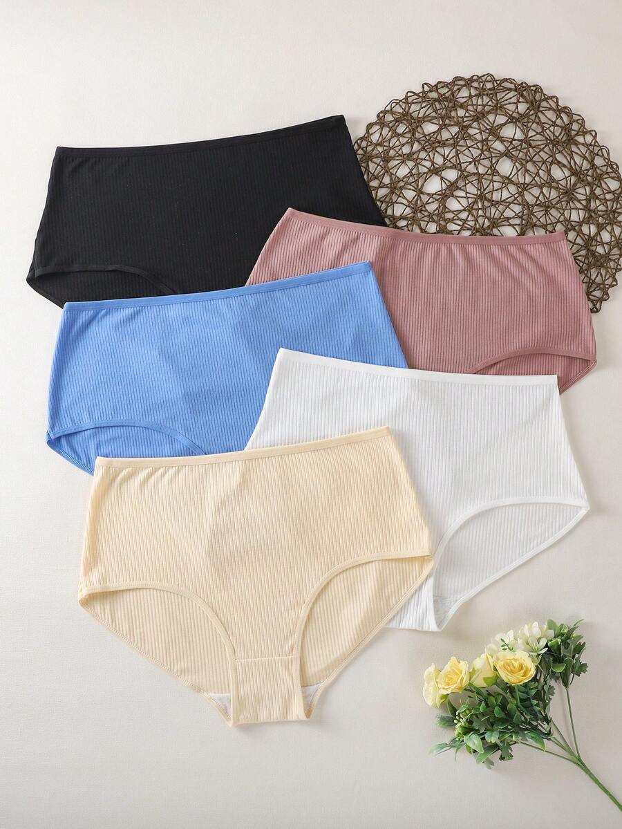 SHEIN Plus Size Women's Solid Color Elastic Waist Ribbed Triangle Panties 5pcs/Pack - Multicolor - View 1