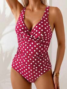 Swim Basics 女款波點抓皺一件式泳衣，適合海邊度假、泳池派對、海灘派對 - 紅色 - 查看 5