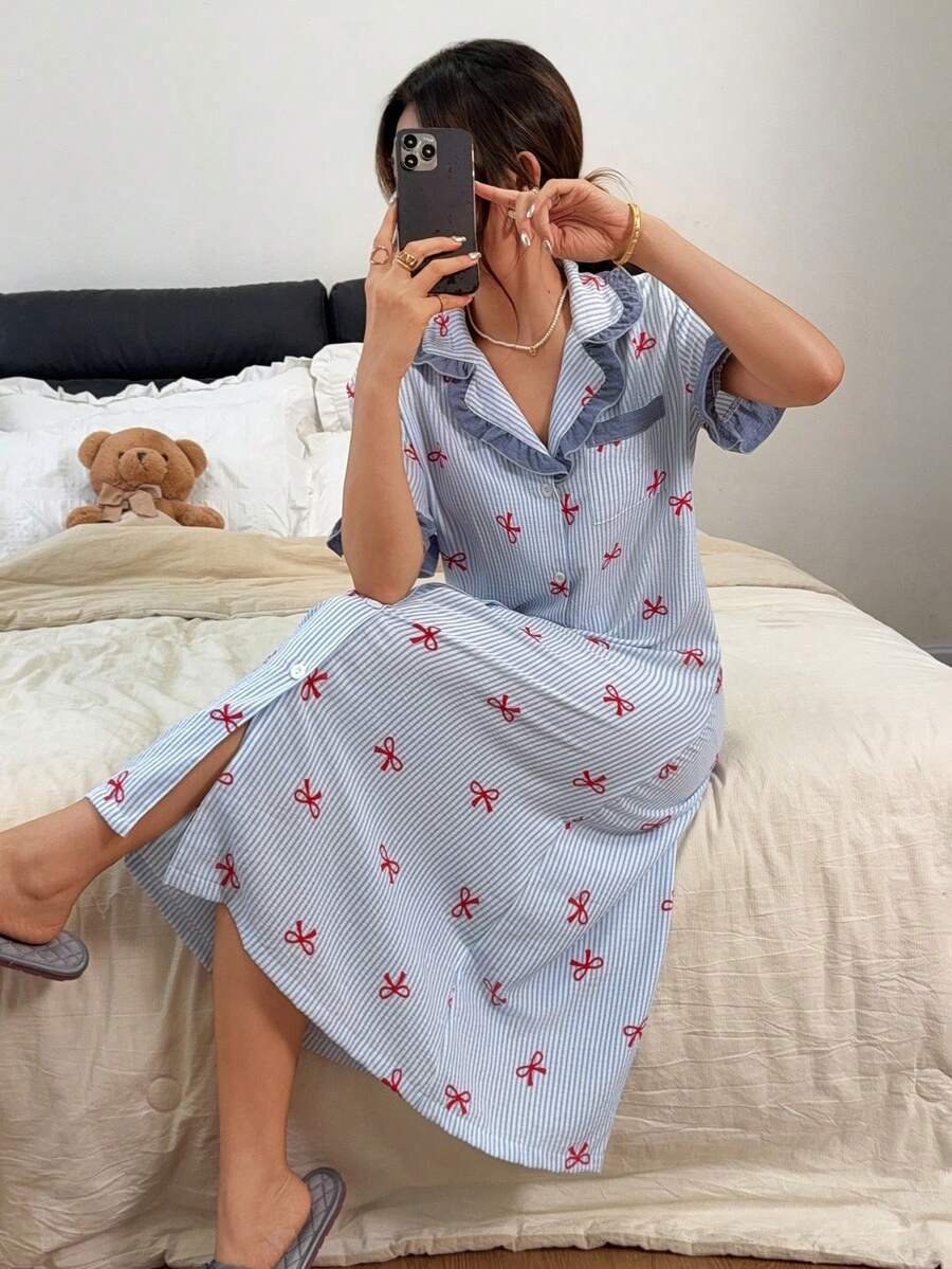 Napfluff Blue Striped Bow Print Elegant Cute Women's Ruffle Long Nightgown - Blue and White - View 1