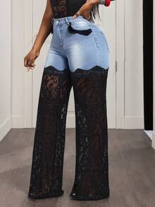 Sunnyshic Jeans de talla grande con parches de encaje de color contrastante - Lavado ligero - Ver 3