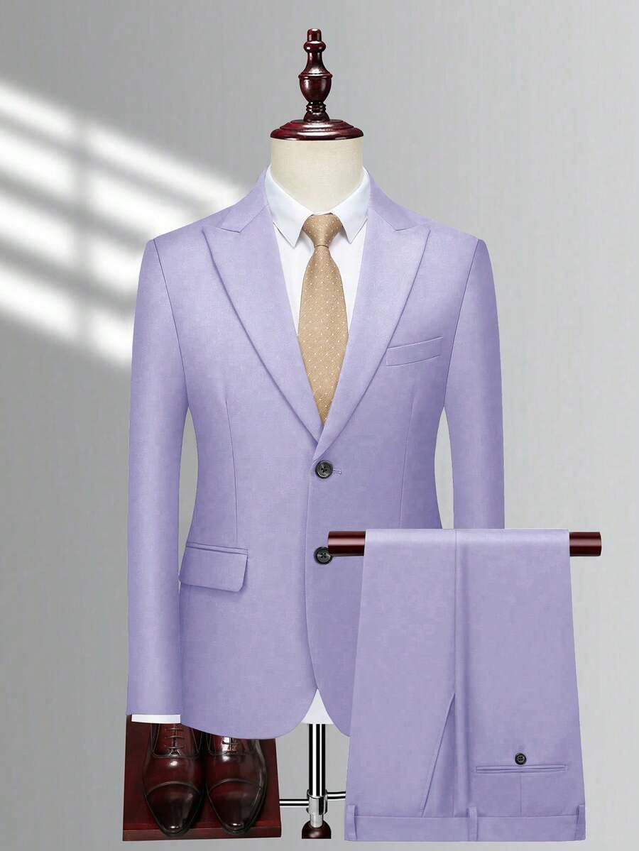 Manfinity Mode Men's Solid Color Lapel NeckLong Sleeve Jacket And Pants Business Suit Set - Mauve Purple - View 1