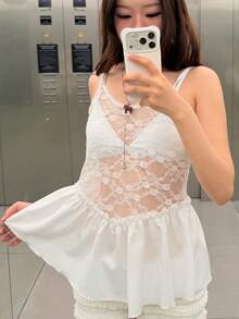 K-Vae Top de camisola de encaje blanco versátil y casual para mujer, con diseño calado, volantes transparentes, sin mangas, ropa interior/exterior - Blanco - Ver 5