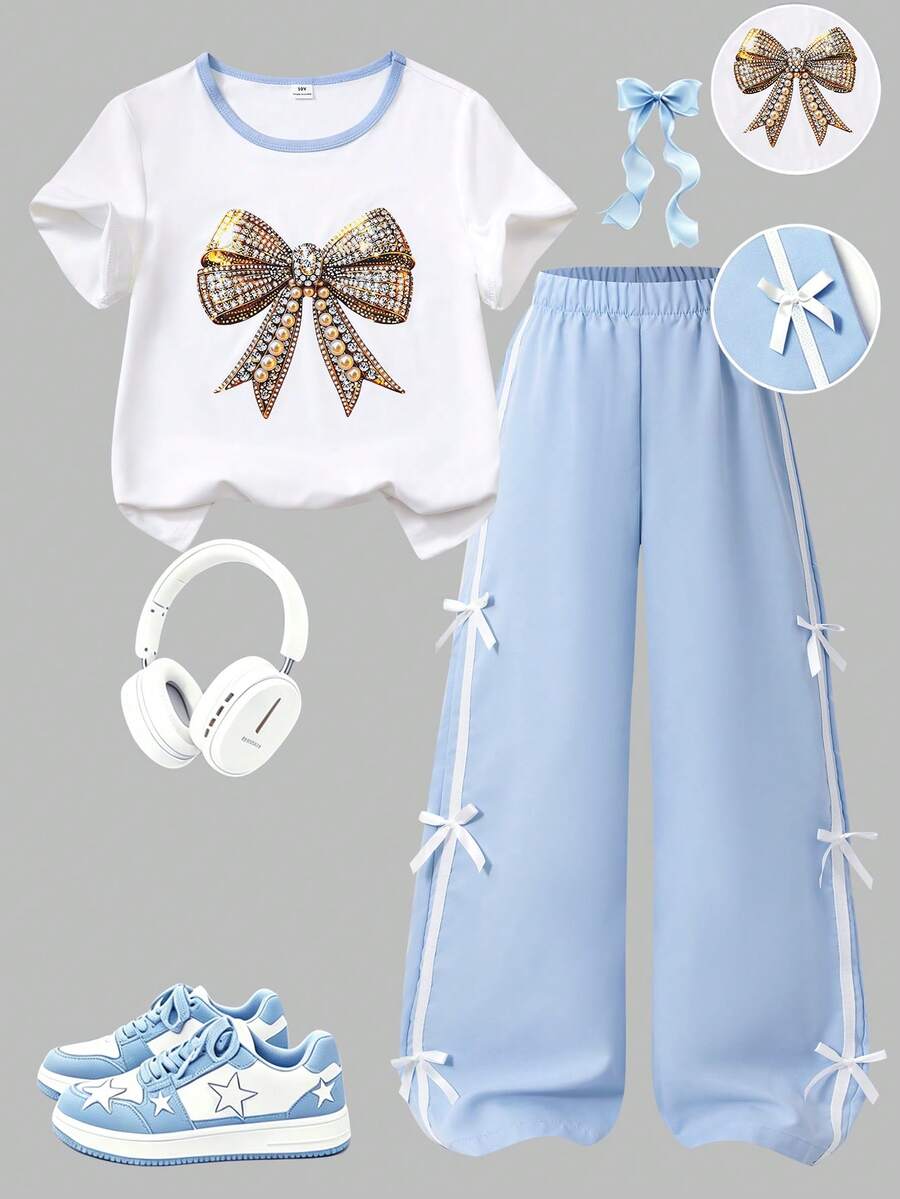 SHEIN Genkimix Kids 2件/套 女童寬鬆休閒撞色領結印花短袖T恤與素色織帶蝴蝶結長褲套裝,修身版型,適合夏季旅行、度假、上學及其他外出場合 - 淺藍色 - 查看 1