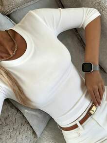 DAZY 女款純色百褶修身百搭日常休閒T恤 夏季 - 白色 - 查看 2