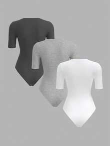 SHEIN BASICS 3件組休閒素色針織圓領短袖貼身女款連身衣 - 彩色 - 查看 2