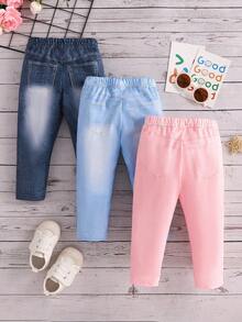 SHEIN Vintaside Kids 女婴三件套：优雅休闲风格印花水洗蓝色长裤，春夏 - 彩色 - 查看 2