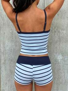 SHEIN EZwear 夏季對比滾邊條紋細肩帶背心上衣與短褲套裝 - 藍色 - 查看 2