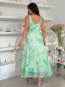 GalTyme Light Green Floral Print Ruffle Neck Sleeveless Plus Size Dress Vacation Summer Elegant - Multicolor - View 2