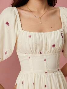 Enchnt Summer Elegant Women's Pink Floral Floral Print Square Neck Petal Sleeve Long Dress, Holiday Vacation Sweet Picnic Vacation Prom Birthday Ceremony - Pink - View 3