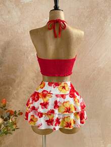 Soleia Orange Halter Top & Printed Mini Skirt Women's 2 Pieces Set Vacation - Red - View 2