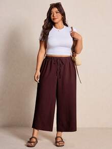 Elaquor Plus Size Women's Solid Color Drawstring Waist Casual Versatile Daily Wear Wide Leg Pants Trail Ride Burgundy Summer - Red Violet - View 4