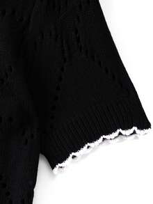 GlowEve CURVE Plus Size Elegant Cute Fairy Colorblock Heart Pattern Hollow Out Round Neck Short Sleeve Knit Top Dinner Office Black Summer - Black and White - View 4