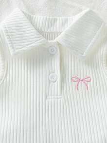 Genkimix Kids Young Girls Polo Skirt Set Back-To-School Summer Baby Pink Baby Blue Ribbed Knit Sleeveless Top With Bow Embroidery Denim Pleated Skirt Outfit - White - View 5