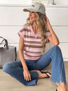 SHEIN LUNE Women's V-Neck Printed T-Shirt, Versatile Summer Top - Multicolor - View 2