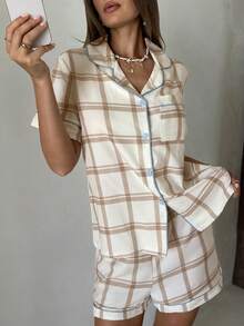 Aloruh Casual Plaid Print Button Front Pocket Short Sleeve Shorts Pajama Set For Women - Multicolor - View 5